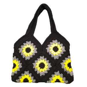Handmade Crochet Shoulder Bag Boho Retro Purse Granny Squares Black Gray Yellow